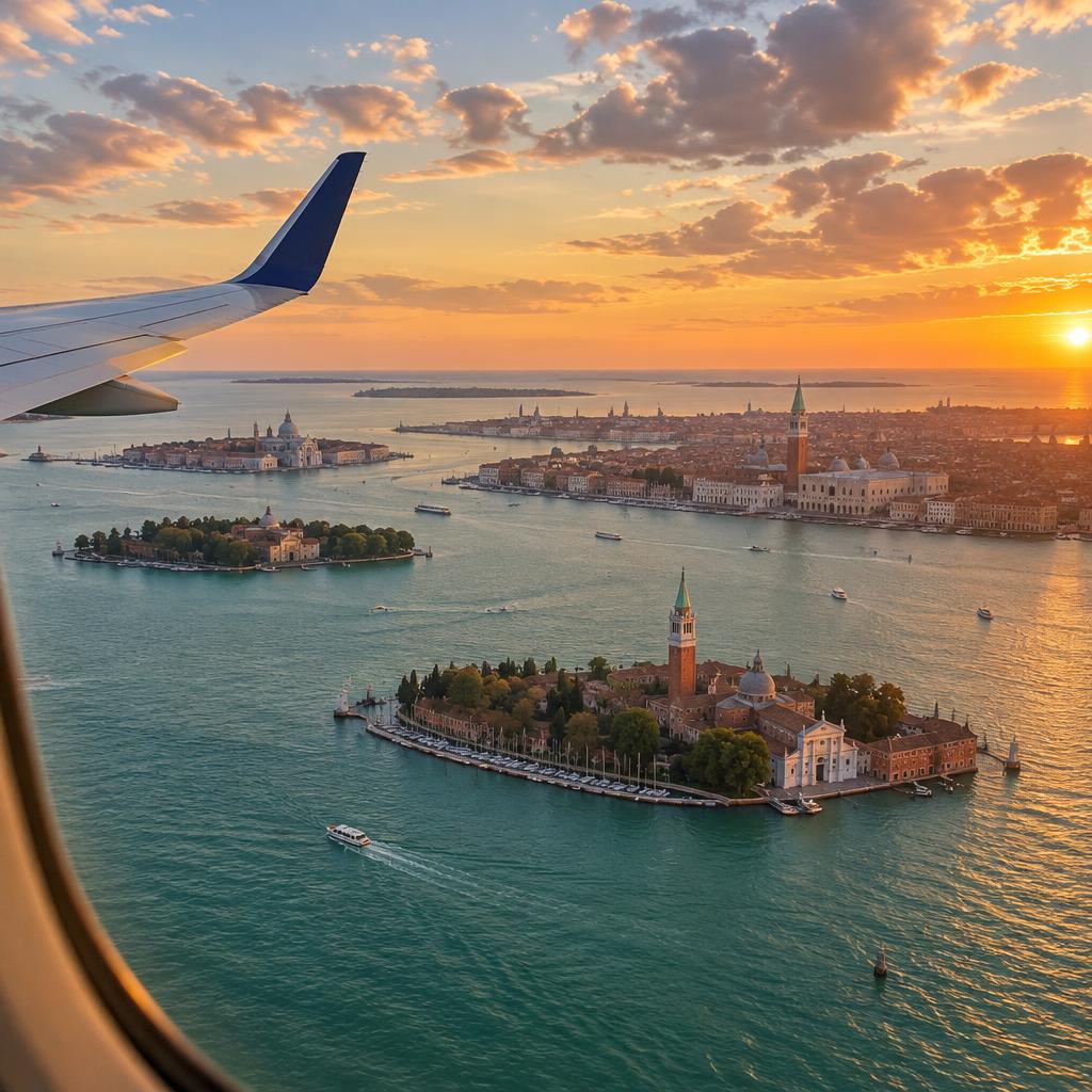 La lagune de Venise et ses îles vues depuis le hublot d'un avion au coucher du soleil