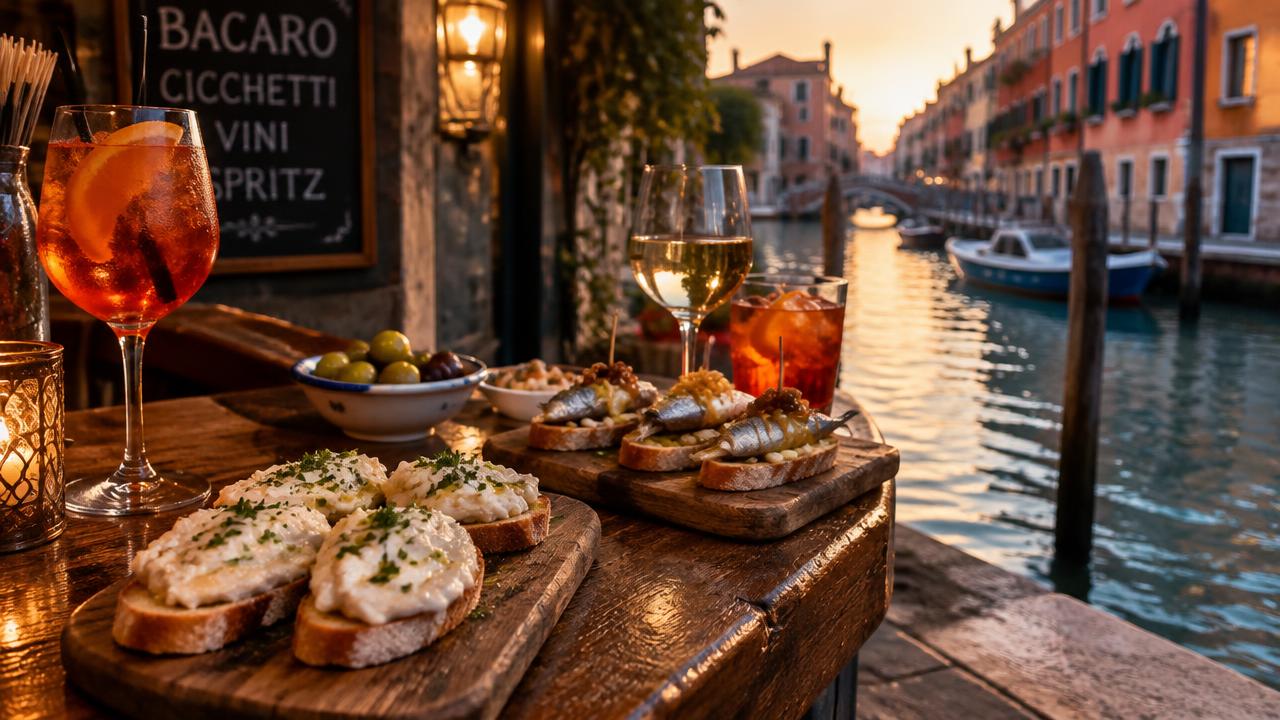 Cicchetti vénitiens et spritz sur un comptoir en bois au bord d'un canal au coucher du soleil