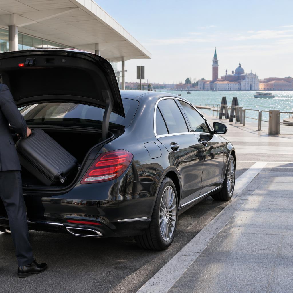 Une berline noire de transfert aéroport dans laquelle on charge une valise devant le terminal