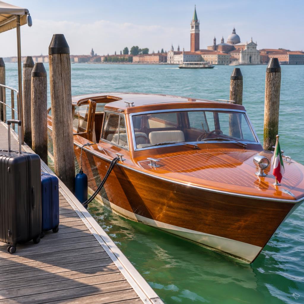 Un bateau-taxi en bois amarré à un ponton de Venise avec des bagages sur le quai