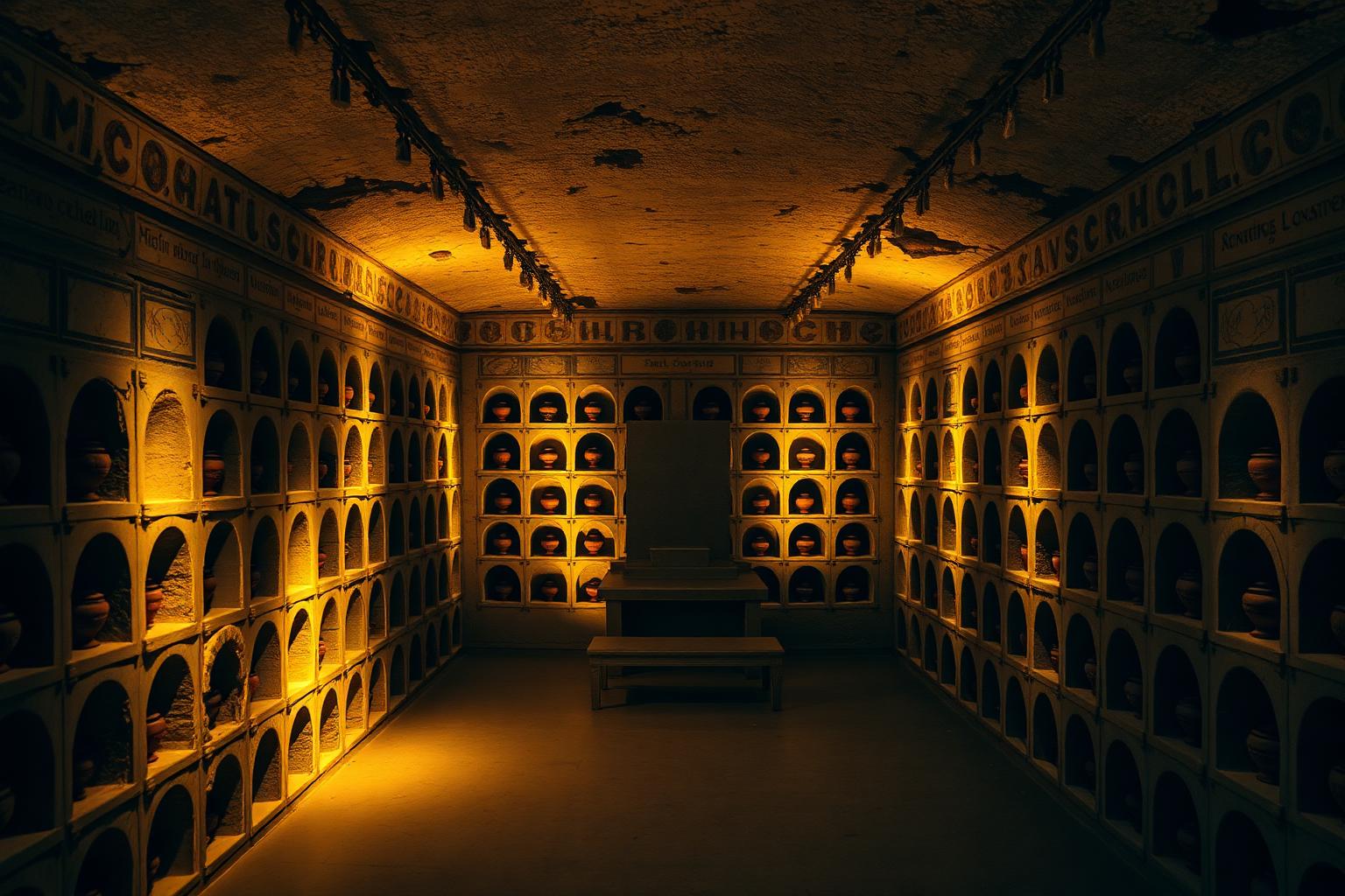 Vigna Codini Columbarium in Rome 2026 — 1st-century AD Roman collective burial chamber near Porta Latina, with hundreds of arched niches holding terracotta cinerary urns of imperial freedmen and Latin inscription plaques on plastered walls