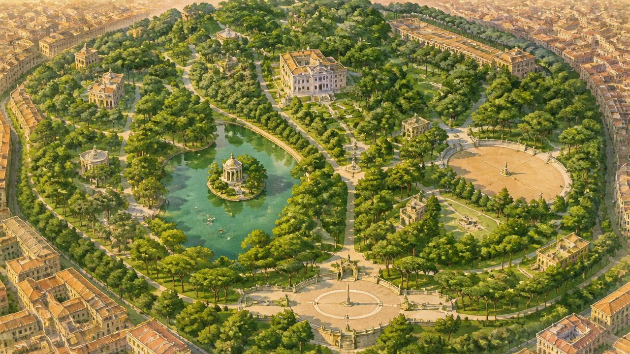 Map of Villa Borghese park showing Galleria Borghese, Pincio and the boating lake