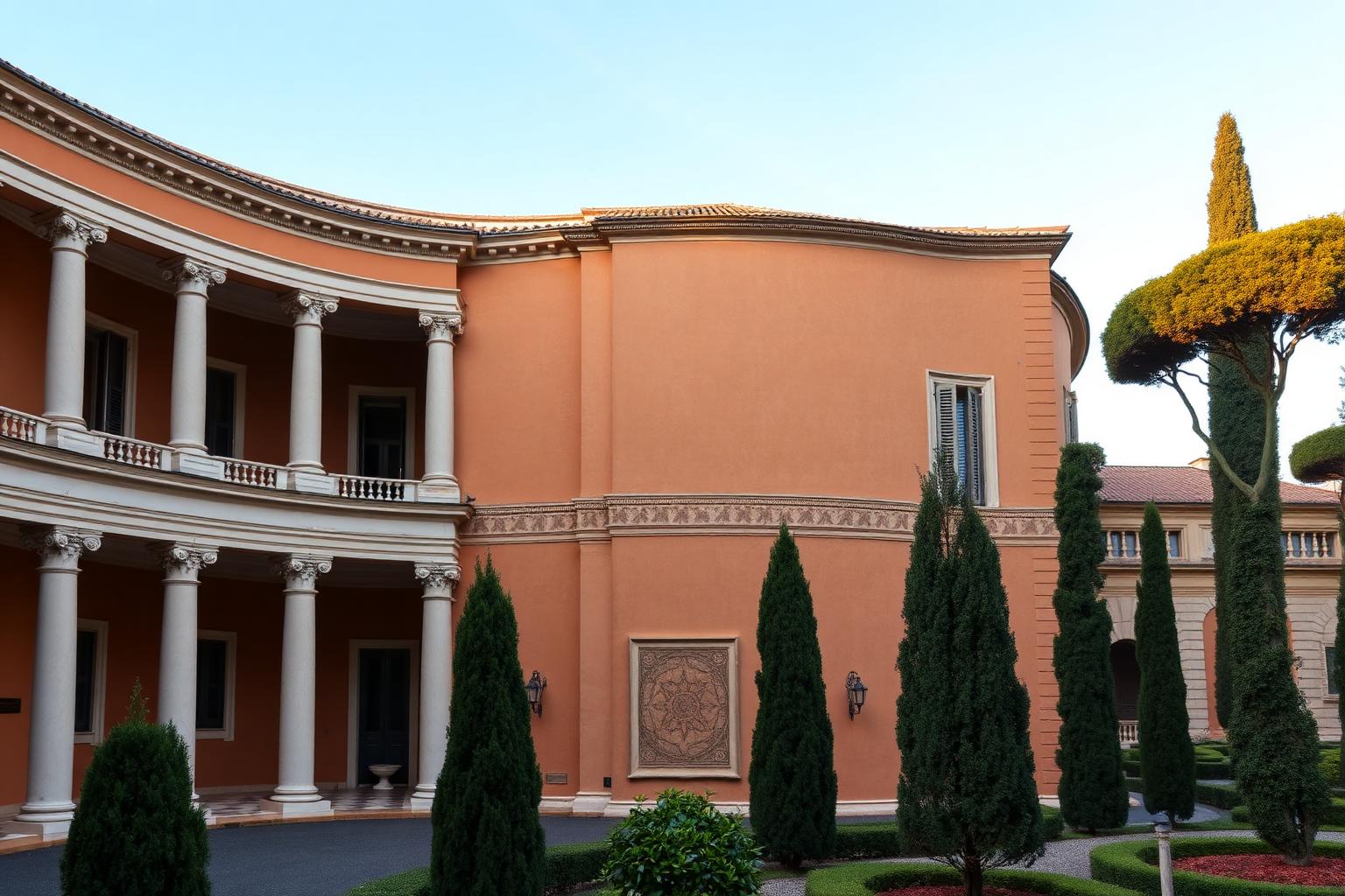 National Etruscan Museum of Villa Giulia in Rome 2026 — the elegant 1551–1553 Renaissance papal villa of Pope Julius III by Vignola, Vasari and Ammannati, with curved hemicycle facade in warm ochre Renaissance walls, classical travertine portico, formal cypress-lined gardens and the famous three-level sunken nymphaeum on the edge of Villa Borghese