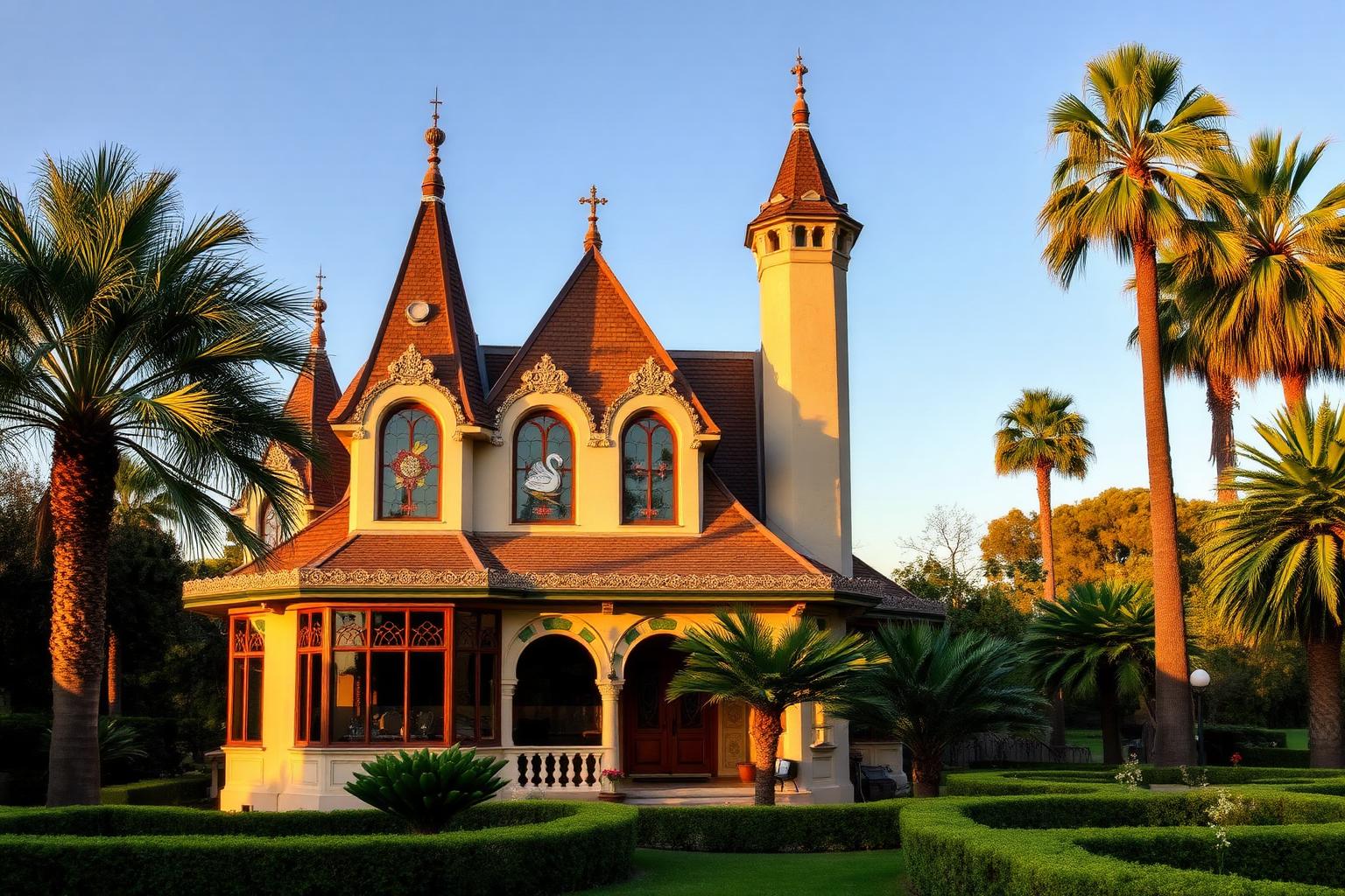 Villa Torlonia in Rome 2026 — the Casina delle Civette, an Art Nouveau Liberty-style cottage with steep tile roofs, decorative turrets, polychrome ceramic tiles and large stained-glass windows featuring owl, swan and floral motifs, surrounded by mature palm trees and the lush 13-hectare romantic park of the Torlonia noble estate on Via Nomentana