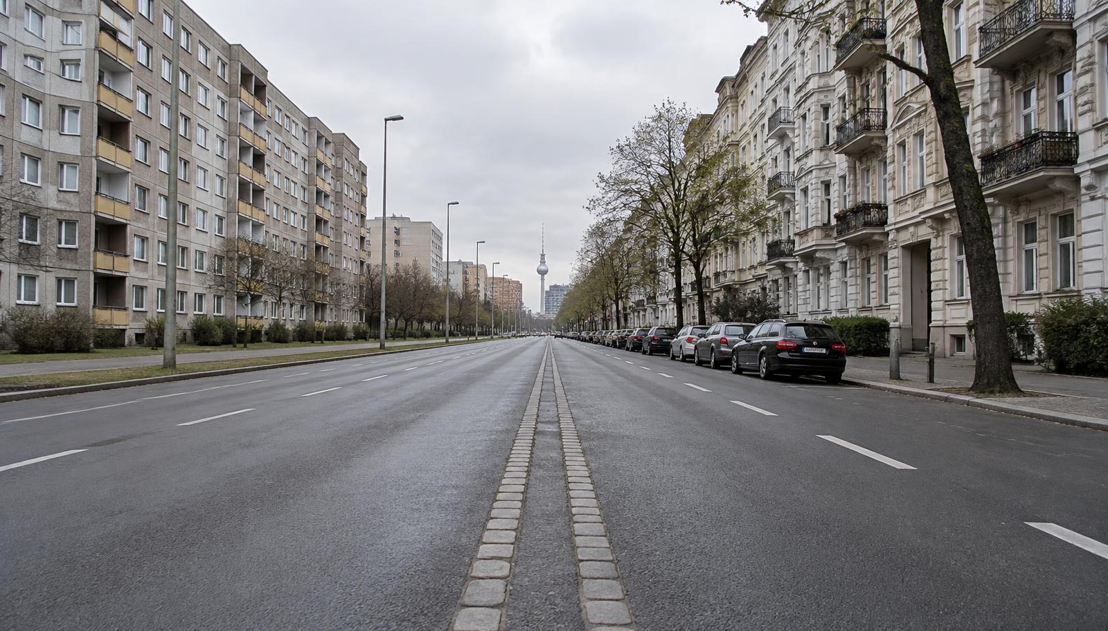 A Berlin street with a double row of cobblestones marking the former Wall route, East German prefab blocks on one side and 19th-century apartment facades on the other
