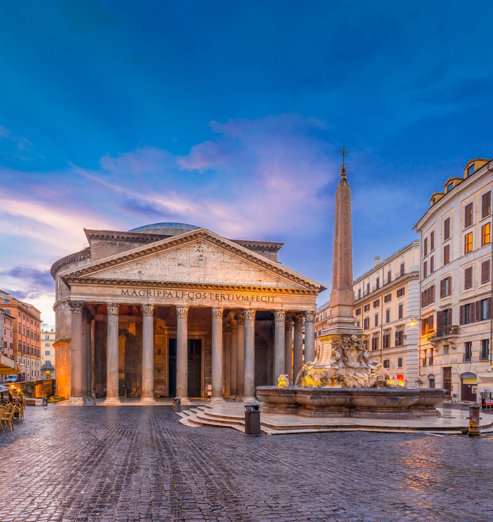 Pantheon Rome facade illuminated at twilight — a highlight of every evening guided tour