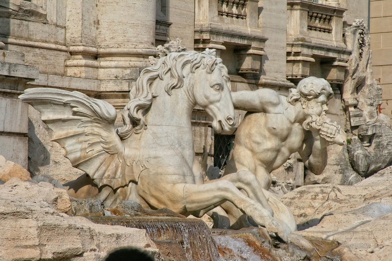 Triton and horse sculpture at Trevi Fountain in detailed close-up