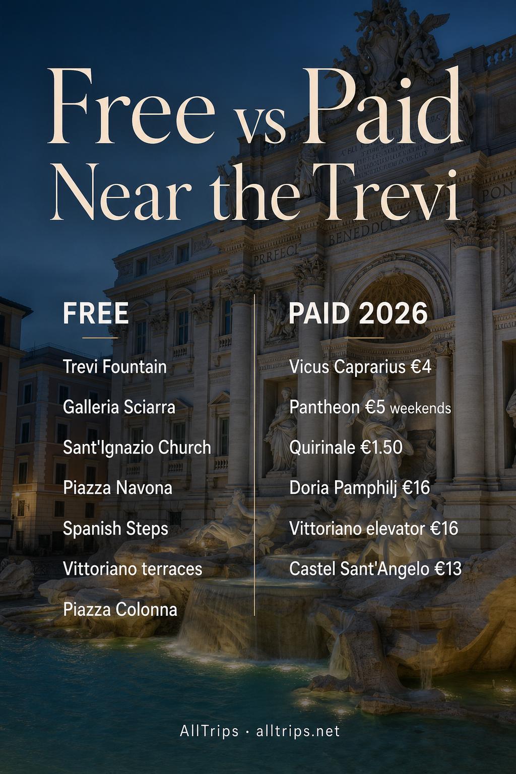 Two-column infographic comparing free and paid attractions near the Trevi Fountain in Rome with 2026 prices.