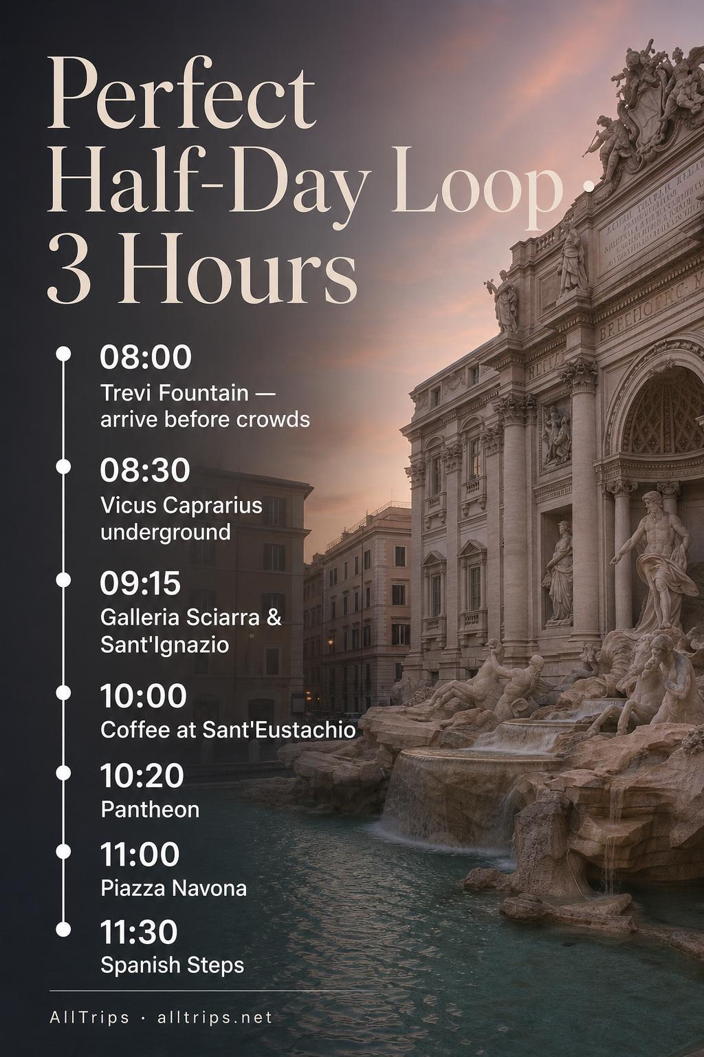 Vertical timeline infographic of a 3-hour walking loop from the Trevi Fountain to Vicus Caprarius, Pantheon, Piazza Navona and Spanish Steps.