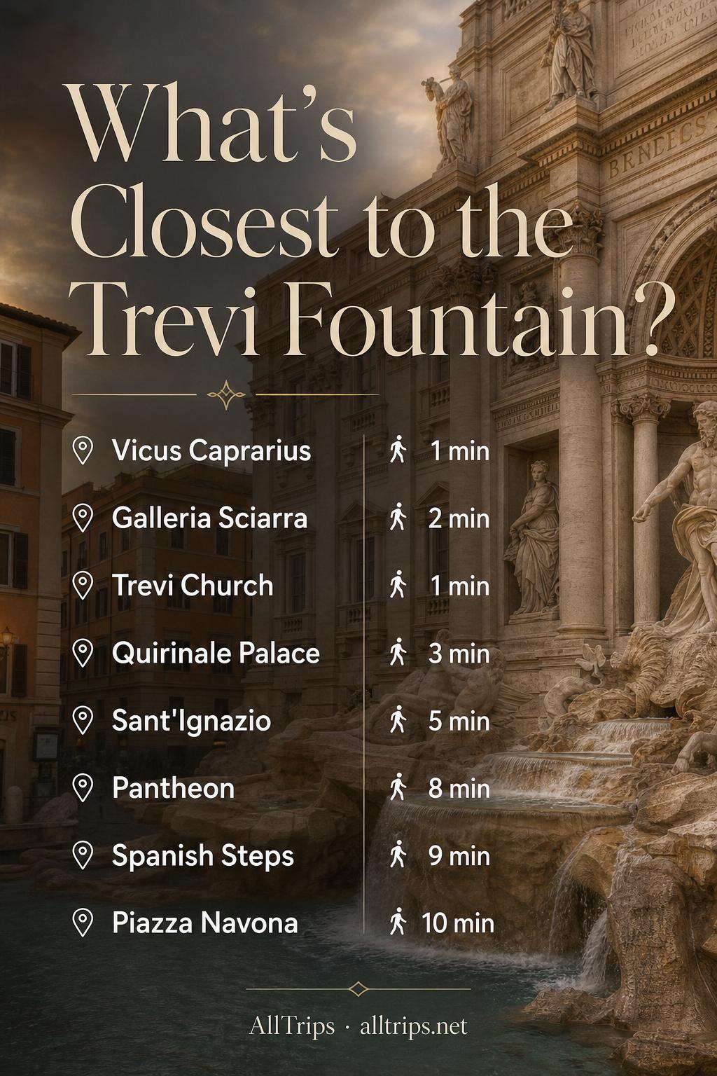 Infographic listing walking times from the Trevi Fountain to the closest attractions in Rome — Vicus Caprarius 1 min, Galleria Sciarra 2 min, Pantheon 8 min, Spanish Steps 9 min, Piazza Navona 10 min.